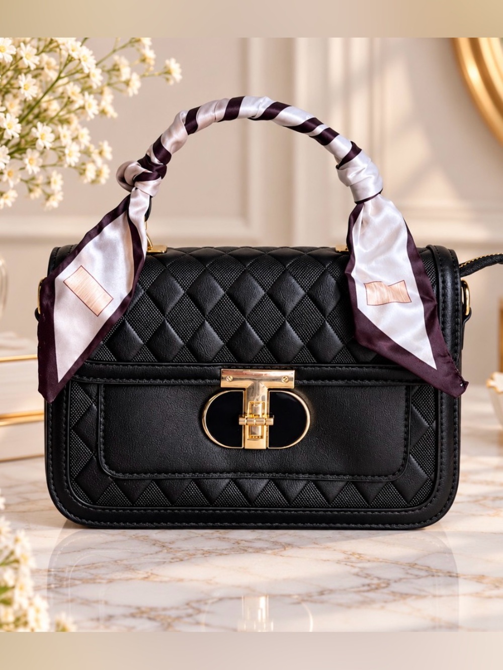 Black Quilted Satchel Crossbody Handbag with Scarf Accent Handle